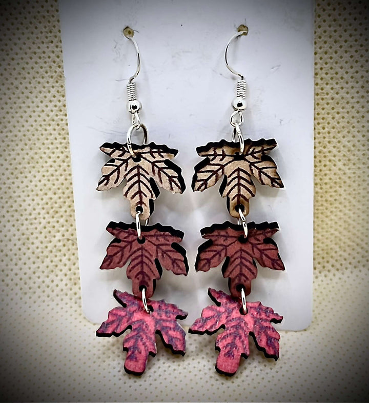 Wooden Carved “Three Maple Leaves” Dangle Earrings