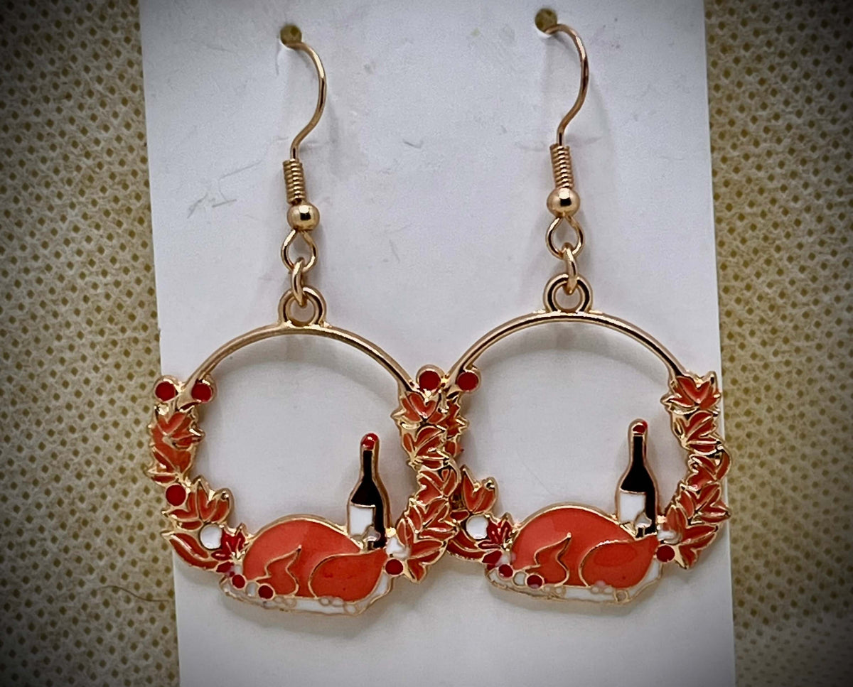 Gold-Plated “Turkey & Wine” Holiday Earrings