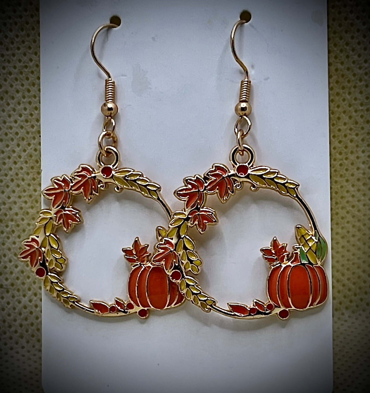 Gold Plated “Pumpkin & Leaves” Dangle Holiday Earrings