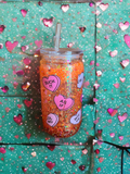 Conversation Hearts 16 ounce Orange glittered Snowglobe Tumbler