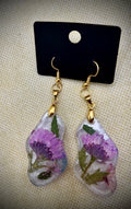 Dainty, purple pressed flower, epoxy, resin dangle earrings