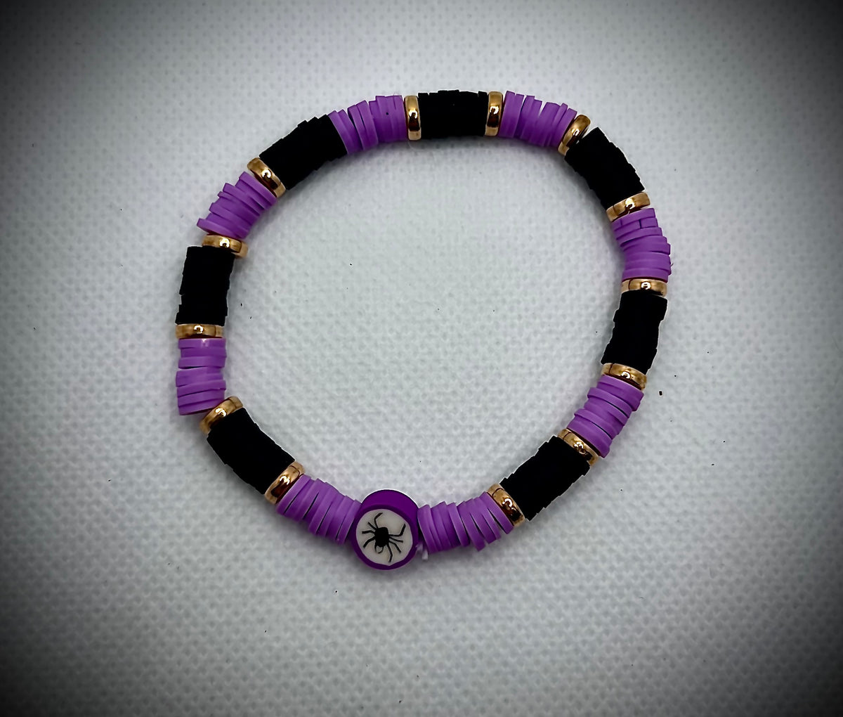 orange & Black Beafs w/ Polymer Clay Web Beaded Stretch Halloween Bracelet