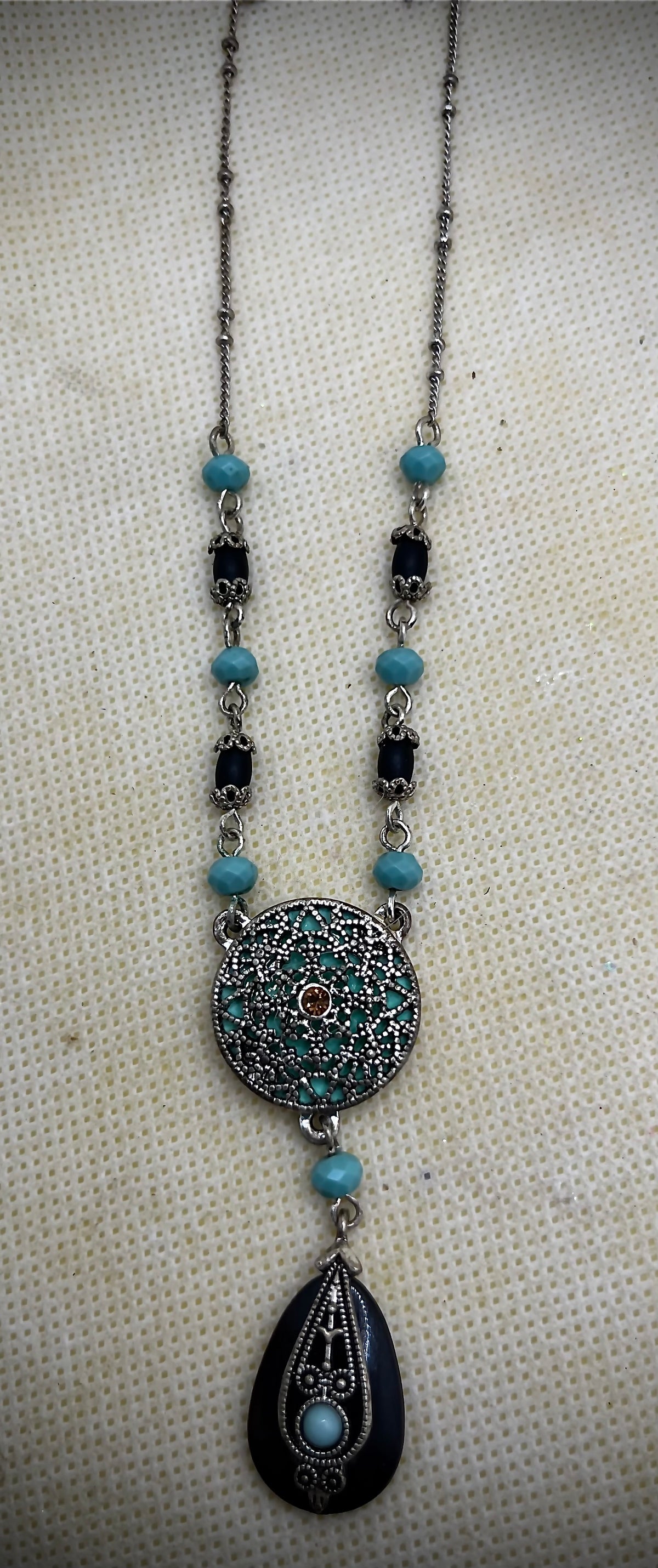 Teardrop Teal & Black Pendent Necklace