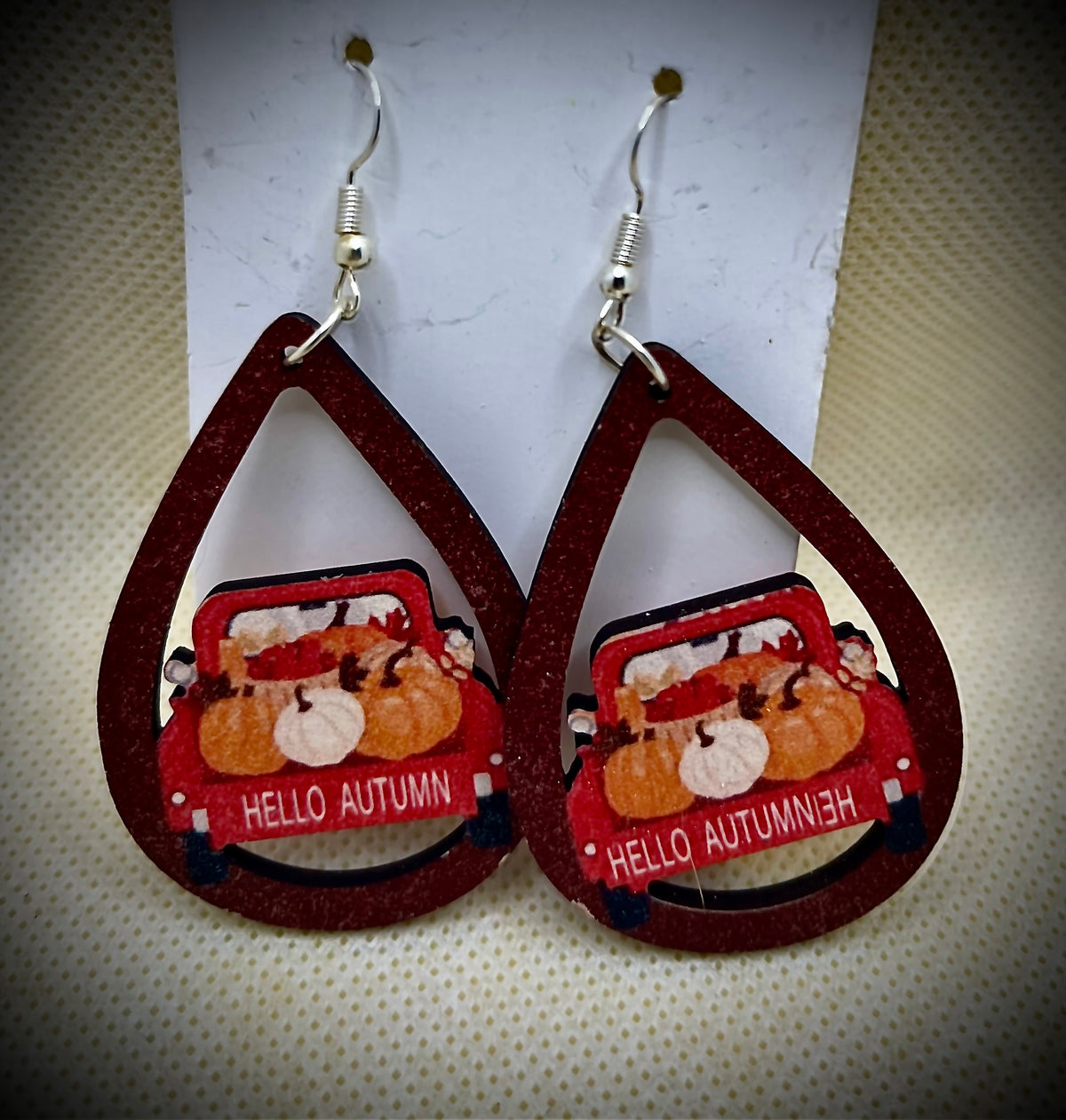 Wooden “Hello Autumn” dangle holiday earrings