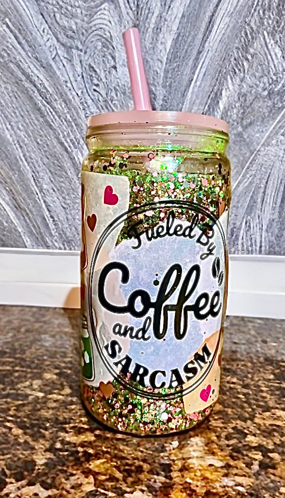 “Coffee & Sarcasm” 16 ounce Snowglobe Tumbler