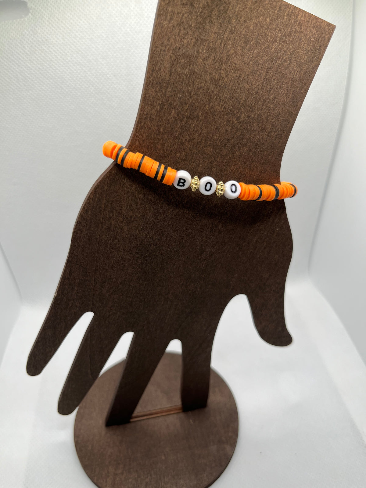 Black and Orange Polymer Clay, “boo” Stretch Bracelet
