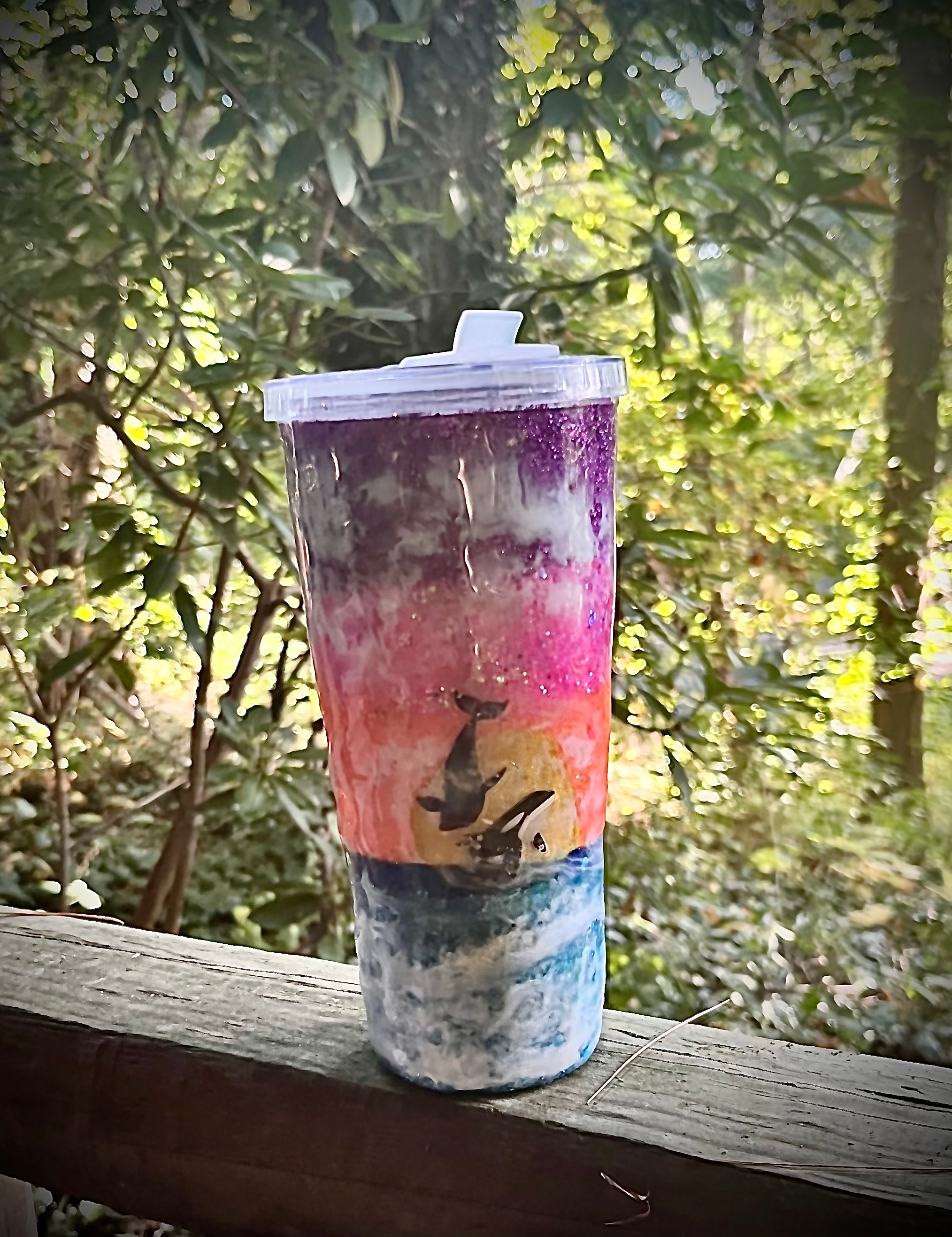 Tapered 32oz Sunset, Whale & Dolphin epoxy resin Tumbler