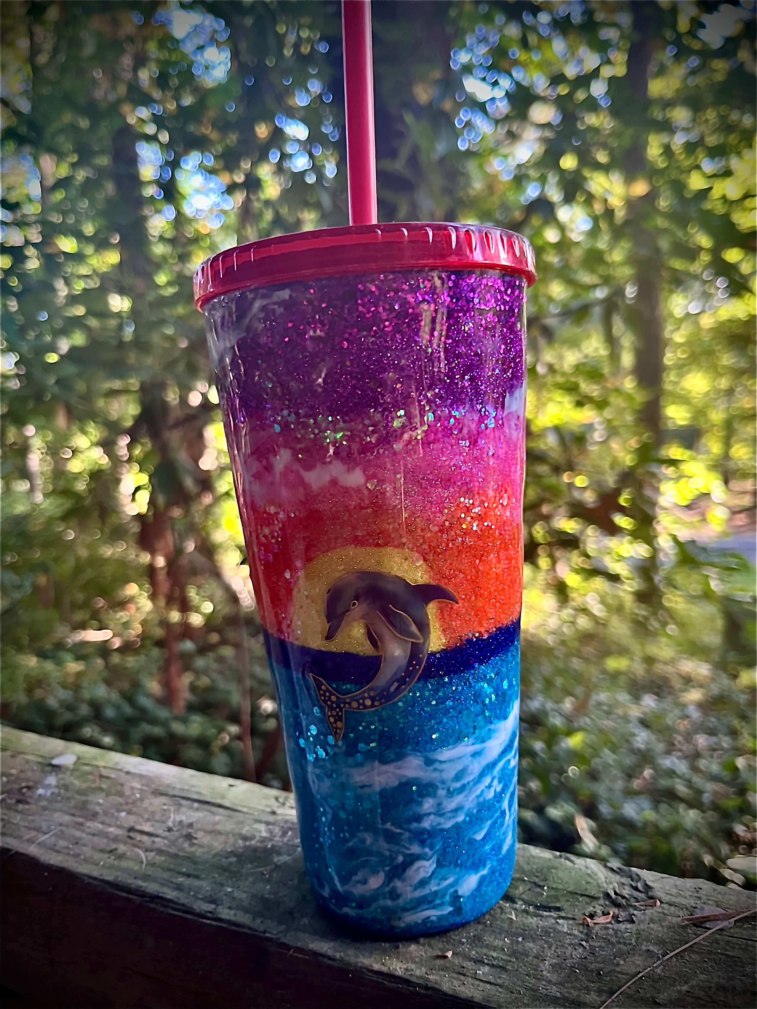 Tapered 32 ounce Acrylic Sunset, Whale & Dolphin epoxy resin Tumbler