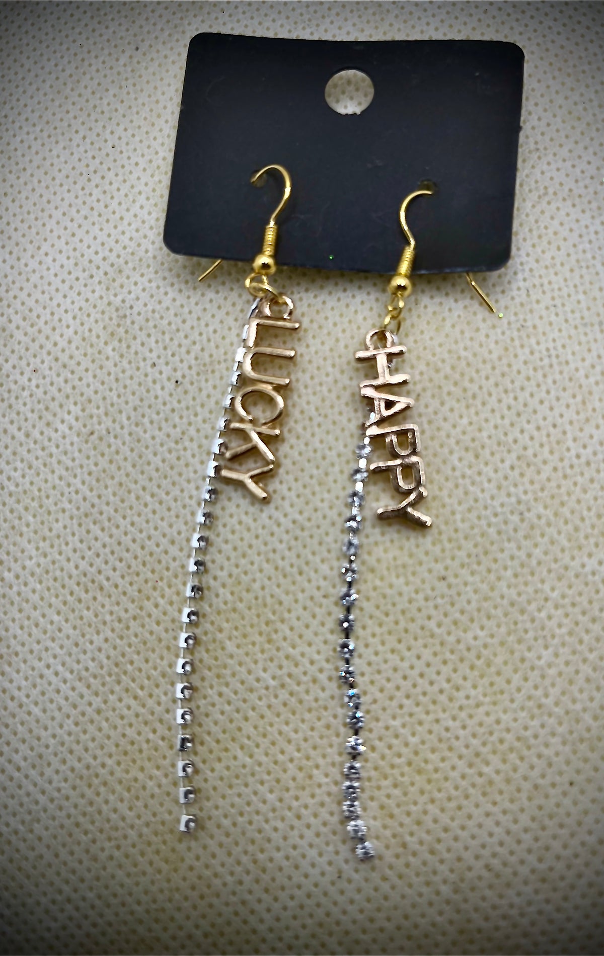 “Lucky”, “Happy” Cubic Zirconia Dangle Earrings