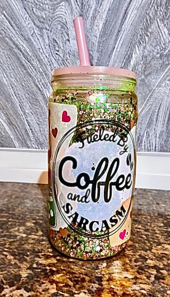 “Coffee & Sarcasm” 16 ounce Snowglobe Tumbler - Unchained Creations