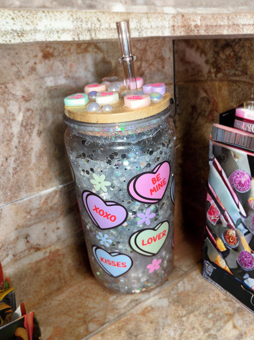 Conversation Hearts 16 ounce Silver glittered Snowglobe Tumbler - Unchained Creations