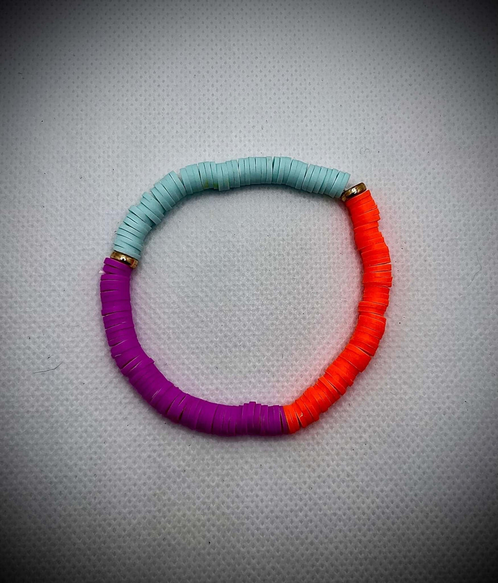 Orange, Sky Blue & Purple Polymer Clay Beaded Stretch Bracelet! - Unchained Creations